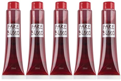 5 Packs Fake Blood Tubes 28ml Halloween Vampire Zombie Costume Makeup SFX | for Vampire, Zombie and Dracula Looks, Non Toxic Latex Free Face and Body Paint, Theatrical Wounds, Scars and Costume Parties