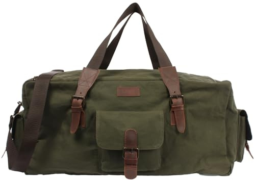 LECONI großer Weekender XXL Reisetasche Sporttasche Damen + Herren Fitnesstasche Sporttasche aus Leder + Canvas 60x30x30cm grün LE2019-C