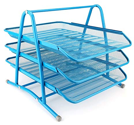 Leviatan Metall Ablage Ablagefächer | Büro Organizer Schreibtisch | Schubladen für Dokumente | 3 Schubfächer Briefablage Dokumentenablage A4 Organizer Mesh | Blau