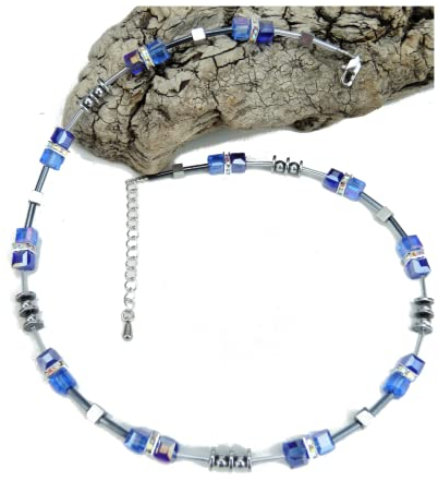 Handgemachte blaue Glas Perlen Würfel Kette kombiniert mit Hämatit Plättchen und Glasstäbchen, Edelstahl Verschluss