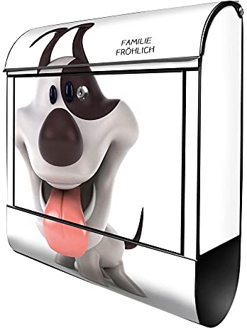 banjado® Design Briefkasten personalisiert Comic-Hund 38,5x46,5x13cm & 2 Schlüssel - Briefkasten Stahl schwarz Zeitungsfach pulverbeschichtet - Postkasten A4 Einwurf inkl. Montagematerial