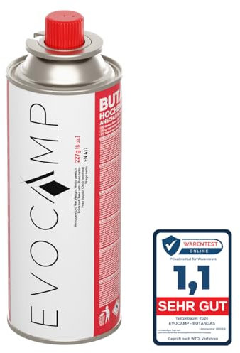 EVOCAMP 1x Stück Butan Gaskartuschen 227g Typ MSF-1a Bajonett Ventil ideal für Campingkocher, Gasheizung, Unkrautbrenner, Camping Gas Butangas Kartusche, Universaldruckgasdose für Camping und BBQ