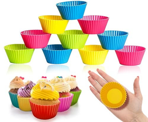 12PCS Round Silicone Muffin Cases Reusable Cupcake Moulds Non Stick Baking Liners for Air Fryer Jelly Cakes Pudding Cupcakes Multicolour Food Grade Oven Microwave Dishwasher Safe