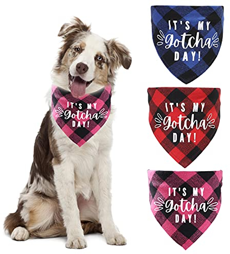 HACRAHO Kariertes Hundehalstuch, 3 Stück, It’s My Gotcha Day, Hundehalstuch, verstellbares Haustier-Dreieckstuch für kleine, mittelgroße Hunde, Katzen, Welpen, L