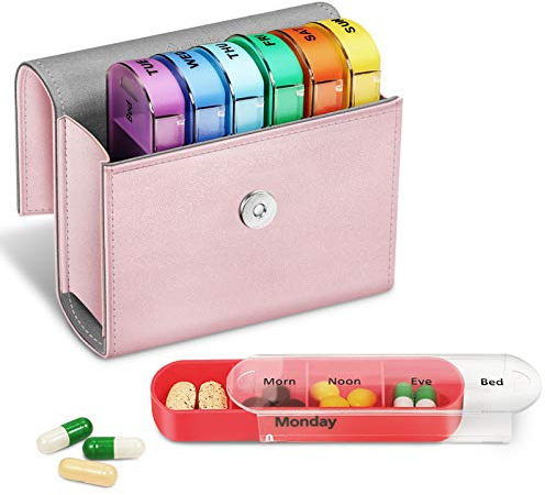 FINPAC Weekly Pill Box 4 Times A Day with PU Leather Case, 7 Day Tablet Organiser, Slide Open Travel Medicine Storage Box with Name Card, for Holding Supplements, Medication, Vitamins and Fish Oils,