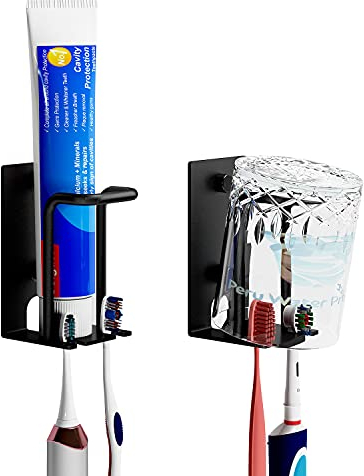 GAViA Zahnbürstenhalter, Zahnbürstenbehälter Wandmontage Ohne Bohren Zahnpastahalter Badezimmer Elektrische Zahnbürste Organizer Zahnpastaständer Zahnputzbecherhalter Schwarz (2er)