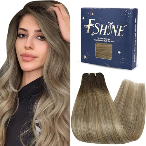Fshine Echthaar Tressen zum Einnähen Balayage Tressen Echthaar 45cm 100g Haartressen Echthaar zum Einnähen Dunkelbraun Verblasst zu Aschbraun und Hellblond Farbe 3 8 22