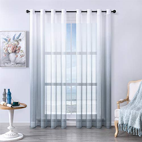 MRTREES Voile Gardinen Farbverlauf Leinenoptik Transparent Vorhang Kurz Tüllvorhang mit Ösen in Grau Weiß Verlauf 220×140cm (H×B) Modern für Dekoration Kinderzimmer Wohnzimmer Schlafzimmer 2er-Set