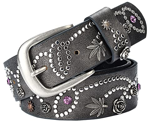通用 Vintage Damen Nietengürtel Funkelnden Strass Nieten Gürtel kürzbar Gürtel Western Ledergürtel für Jeans Hosen (Grau)