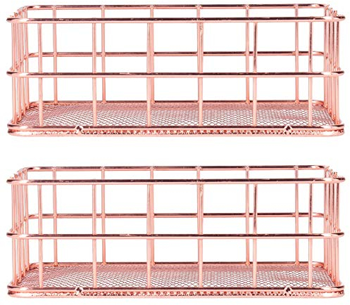 2PCS Desktop Storage Basket, Rose Gold Metal Wire Basket Nordic Iron Organizer Container Metal Storage Baskets Fruit Storage Basket Makeup Desk Organizer for Office, Desktop, Kitchen, Home(S)