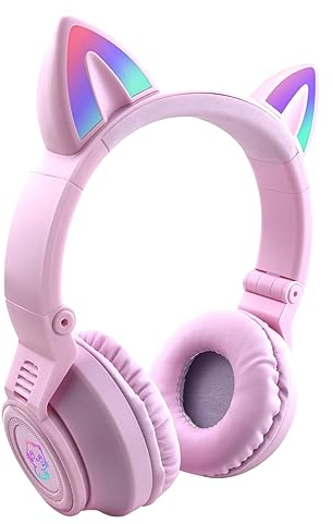 YUSONIC Kinderkopfhörer ab 3 Jahre, Over-Ear Katzenohren Kopfhörer mit LED Licht, Mikrofon, Micro SD/TF, für Handy/Tablet/PC. (Vielot+Rosa)