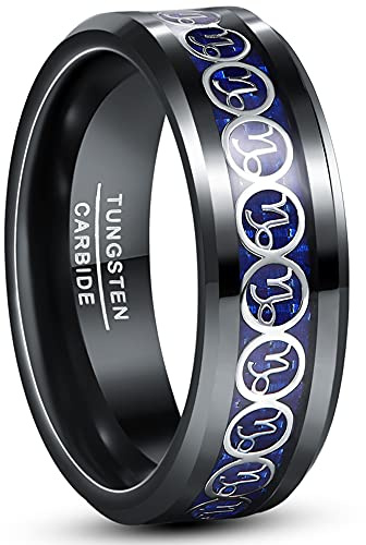 Cloyo Herren Ringe Schwarz Wolframcarbid Paar Ringe Freundschaftsring für Männer und Frauen Sternzeichen Ring Steinbock mit Blaue Kohlefaser 8mm Größe 60 (19.1)