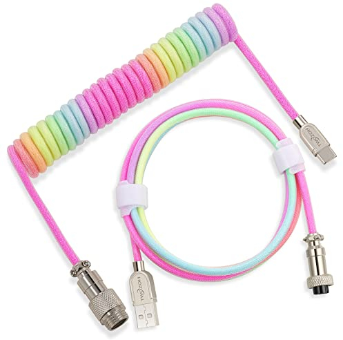 Twozoh USB C Mechanische Tastatur Spiralkabel, Geflochtenes Doppel hülsen Type C Tastatur abnehmbares Flieger Kabel (Regenbogen)