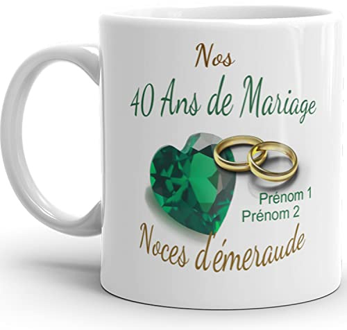 Mug anniversaire mariage 40 ans noces d'Emeraude personnalisable 2 prénoms tasse personnalisée Idée Cadeau Originale Famille couple mari femme noel fete époux épouse