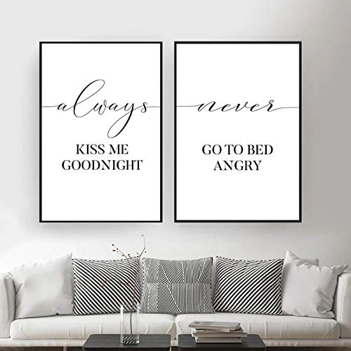 Always Kiss Me Goodnight Zitat Poster und Druck im nordischen Stil, Wandkunst, Leinwand, Gemälde, Bilder, Kinderzimmer, Dekoration, 50 x 70 cm x 2 Stück, rahmenlos
