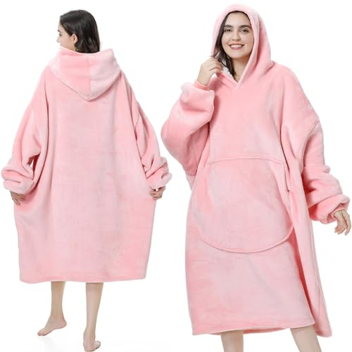 MOKANI Kuscheldecke mit Ärmeln und Kapuze Hoodie Decke, Decke mit Ärmeln, Übergröße Kapuzenpullover für Damen Herren, Rosa