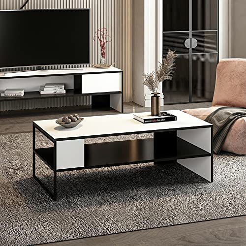[en.casa] Couchtisch Ejby Wohnzimmertisch Sofatisch mit Stauraum Stubentisch rechteckig Metallgestell Schwarz Weiß