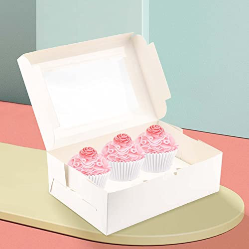 JEUIHAU 50 Pack 6 Hole White Cupcake Boxes, Cupcake Boxes with Window and Adjustable Inserts, Cardboard Cupcake Carrier for Cake, Cookie and Muffin