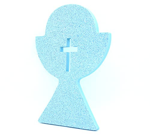 LEVEN Figura CÁLIZ de Goma EVA para Fiestas Bautizos Comunión(1cm de Grosor) - Dibujos Simbolos Temática Religión con Purpurina para Eventos, Cumpleaños - Figuras Brillantes DYI (Celeste Purpurina)
