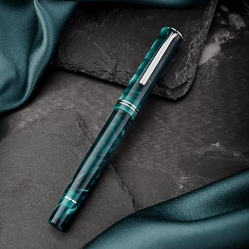 Hongdian N2 Fountain Pen, Iridium Medium Nib Teal Blue Acrylic Design, Smooth Writing Pen with Converter and Metal Pen Box Set