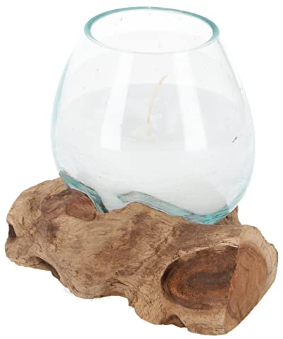 GURU SHOP Vase en bois de racine avec bougie, verre photophore en verre soufflé à la bouche, haut, 13 x 13 x 11 cm, photophore et bougeoir
