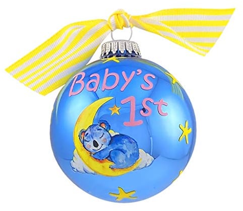 Krebs Glas Lauscha - Weihnachtsdekoration/Christbaumschmuck aus Glas - Motiv: Babys 1st Koala auf Mond - Alpine Blau mit Schleife - Größe: 8cm