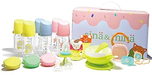 FARLIN Anti-Colic Glass Baby Bottles with Silicone Pacifier and Milk Powder Container, Thermal Resistant, BPA Free, for 1 Month+ Babies - (Fly*2 + Agape*2 + Mara*2, 5oz)