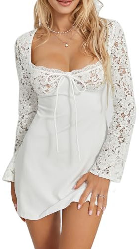 Carolilly Women's Mini A-Line Dress Casual Long Sleeve Womens Lace Dress Women Sexy Low-Cut Mini Dress Clubwear (Bianco, M)