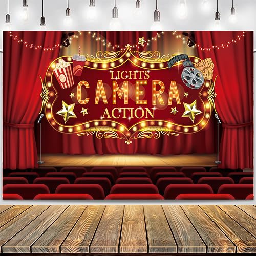 LOONELO Lights Camera Action Backdrop with 70.8X43.3, Movie Party Night Banner Sign, Lights Camera Action Banner Background Photography for Movie Theme Birthday Hollywood Oscar Party Decorations