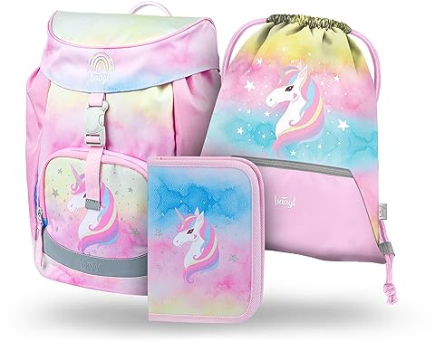 Baagl Schulranzen Mädchen Airy Schultasche Set 3-Teilig - Rainbow Unicorn | Der Grundschule Schulrucksack für Kinder und Tornister als Ranzen für Schule sind optimal für die 1. Klasse geeignet.