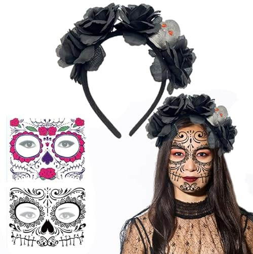Yi'antai Tag Der Toten Haarreif, Haarreif mit Schwarzen Rosen & Totenkopf Deko, Halloween Kostüm Damen, Haarkranz Blumen Schwarz mit Halloween Temporäre Gesicht Tattoos (Schwarz)