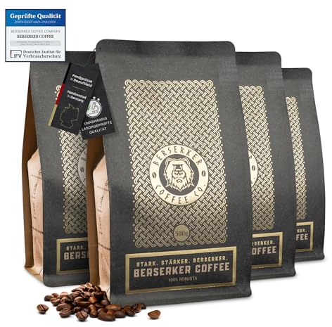BERSERKER COFFEE Extra Starke Kaffeebohnen - 4x500g - 237mg Koffein auf 100ml - Säurearm - Ganze Bohnen für Kaffeevollautomat, Espressomaschine