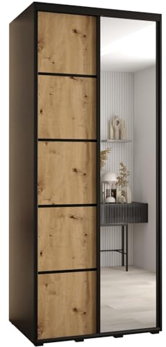 MEBLE KRYSPOL Davos 5 110 Schrank mit Zwei Schiebetüren für Schlafzimmer - Moderner Schrank mit Spiegel, Kleiderstange und Regalen - 235,2x110x60 cm - Schwarz Artisan Schwarz