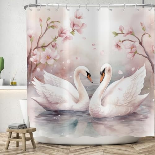ASDCXZ Schwan Duschvorhang 180x200 cm, Aquarell Romantisch Schwan kreuzt Hals Rose Pflaumenblüte Bad Waschbar Duschvorhänge Polyester Textil Wasserdicht Badevorhang für Badewanne mit 12 Haken