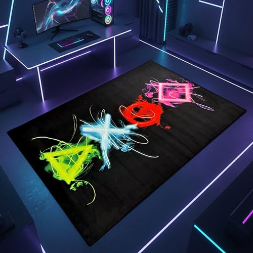 Teppich-Traum Gaming Teppich Neon Icons Schwarz 160x230 cm | Leuchtende Gaming-Symbole auf dunklem Hintergrund, rutschfest, robust, pflegeleicht und angenehm in der täglichen Nutzung
