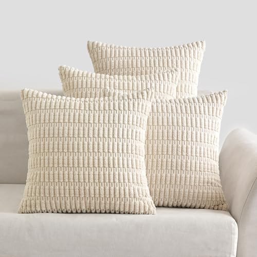 EMEMA Kordsamt Kissenbezüge 4er Set Dekorative Sofakissen Moderne Kissenhüllen 45x45 cm Dekokissen Weicher Zierkissenbezug für Wohnzimmer Sofa Schlafzimmer Creme