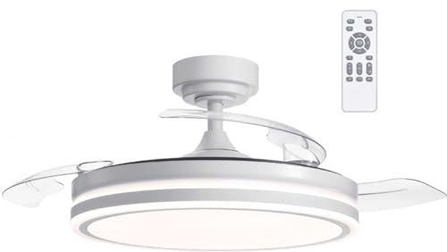 VZLED - Ventilador de techo con luz blanco, ventilador aspas retráctiles, ventilador techo silencioso, ventilador techo blanco, luz CCT