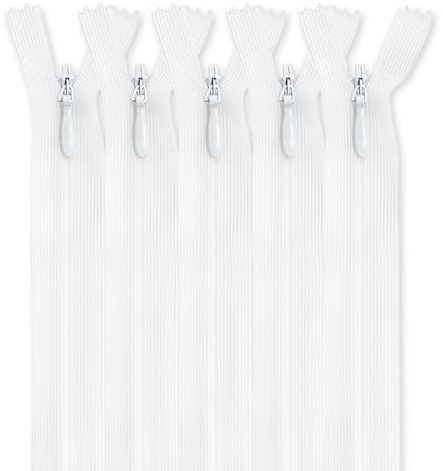 MARARDI [Pack 5 Cerniere Invisibili [Bianco] Nylon [50 cm] Chiusure Lampo per Cucito e Artigianato per Stoffa Vestiti Borse per Cucire a Macchina Tessuto di Cotone con Chiusura in Metallo