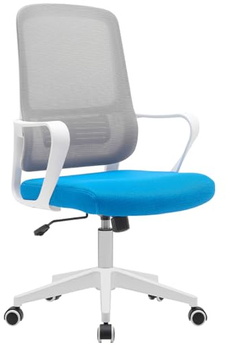 BAKAJI Chaise de Bureau Ergonomique avec roulettes pivotantes Anti-Rayures, Dossier en Tissu Respirant et Support Lombaire, Fauteuil d'étude Bureau réglage Hauteur gaz 98-108 cm (Bleu/Gris)