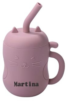TYRY.HU Tasses avec Paille Nom Personnalisé Enfant Silicone Gobelet d'entraînement pour Bébé avec Poignée Dinky Cup et Tout-petit Tasse Apprentissage Rose Foncé