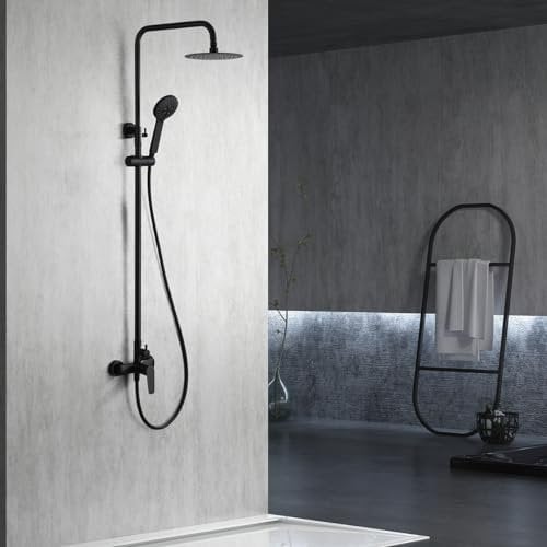 IMEX - Columna Ducha Negra Monomando con Grifo | Kit de Ducha con Alcachofa y Rociador Antical | Griferia en Latón y Acero Inox S.304 con Barra Extensible | Serie Bélgica