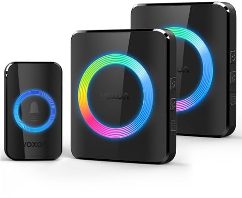 VOXON Wireless Doorbell with 2 Receivers, Plug in Door Bells Wireless Cordless, IP65 Waterproof, 1300ft Long Range Chime Kit, Doorbell Wireless with RGB LED Flash, 5 Volume Levels, 60 Melodies,Black
