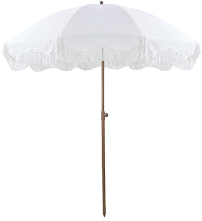 Terrassenschirm Sonnenschirm Hawaii Strandschirm Pink Mit Fransen 8 Rippen Gartenschirm 200cm Tischschirm Neigbar Sonnenschutz Wasserdicht Höhenverstellbar Für Balkon Garten Terrasse(Color:White)