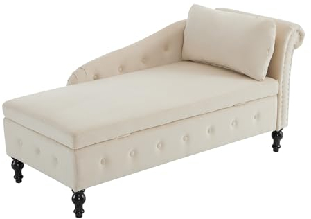 Samt Chaiselongue Sofa mit Stauraum, gepolsterte Chaiselongue Couch mit Kissen für Wohnzimmer, moderner Nailhead-Trim & Knopfgetufteter Loungesessel, Schlafzimmer und Büro, rechte Armlehne