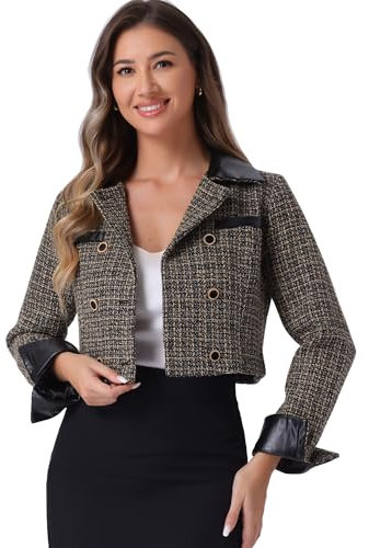 Allegra K Vestes Courtes en Tweed pour Femme avec col à Revers contrasté et Blazer à Carreaux Vintage à Double Boutonnage Kaki S