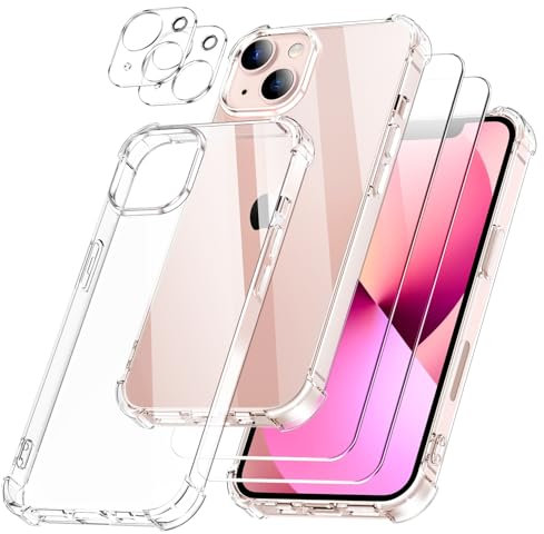 SOGUDE 5 en 1 Coque pour iPhone 13 avec 2 Verre Trempé et 2 Caméra Protecteur, Étui de Protection Antichoc avec Coussin d'air Intégré Mince Bumper Housse - Transparente