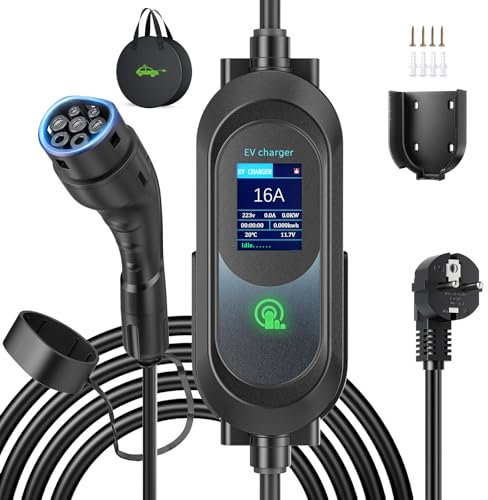 FNRIDS Cargador Coche Eléctrico Tipo 2,Cable de Cargador EV 3,68kW con Soporte, 8-16A conmutable con 2,8 Pulgadas Pantalla Digital,0-15H Carga Temporizada,Cable Tipo 2, 6M con Bolso