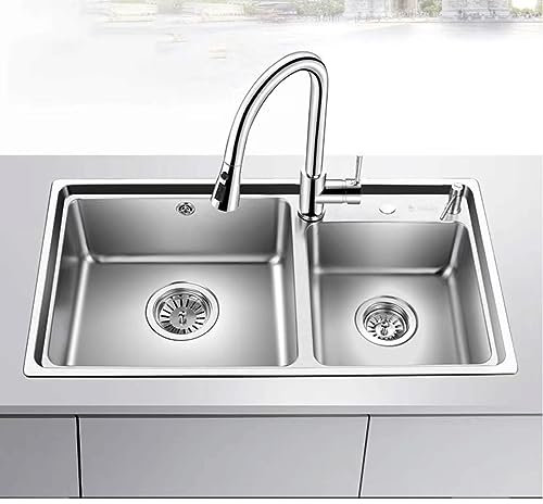 QWPYDXN Fregadero de Cocina de Acero Inoxidable, Fregadero de Doble Seno, Lavabo para Verduras, Fregadero de Barra con Grifo con Clips para tuberías de desagüe Fregadero sobre Encimera