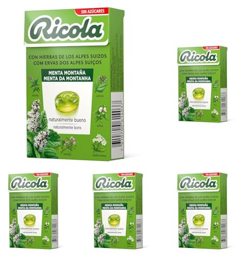 Ricola – Menta Montaña, Caramelos Duros, Refresca y Alivia la Garganta y las Vías Respiratorias, con Extracto de Menta, 13 Hierbas Suizas y Aceites Esenciales, Sin Azúcar, con Edulcorante - Caja 50 g