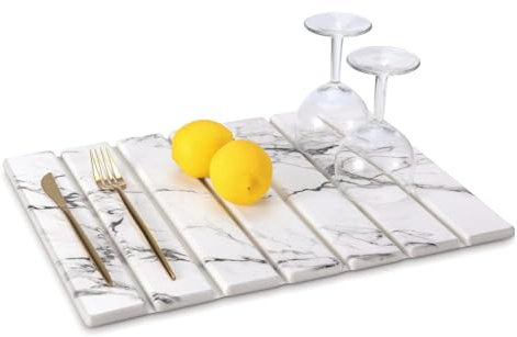 WIFORH Foldable Diatomite Dish Drying Mat, Fast Absorbent Non-Slip Anti Mould Mat for Kitchen Worktop & Bathroom Sink, White Marble | 40 x 30 cm